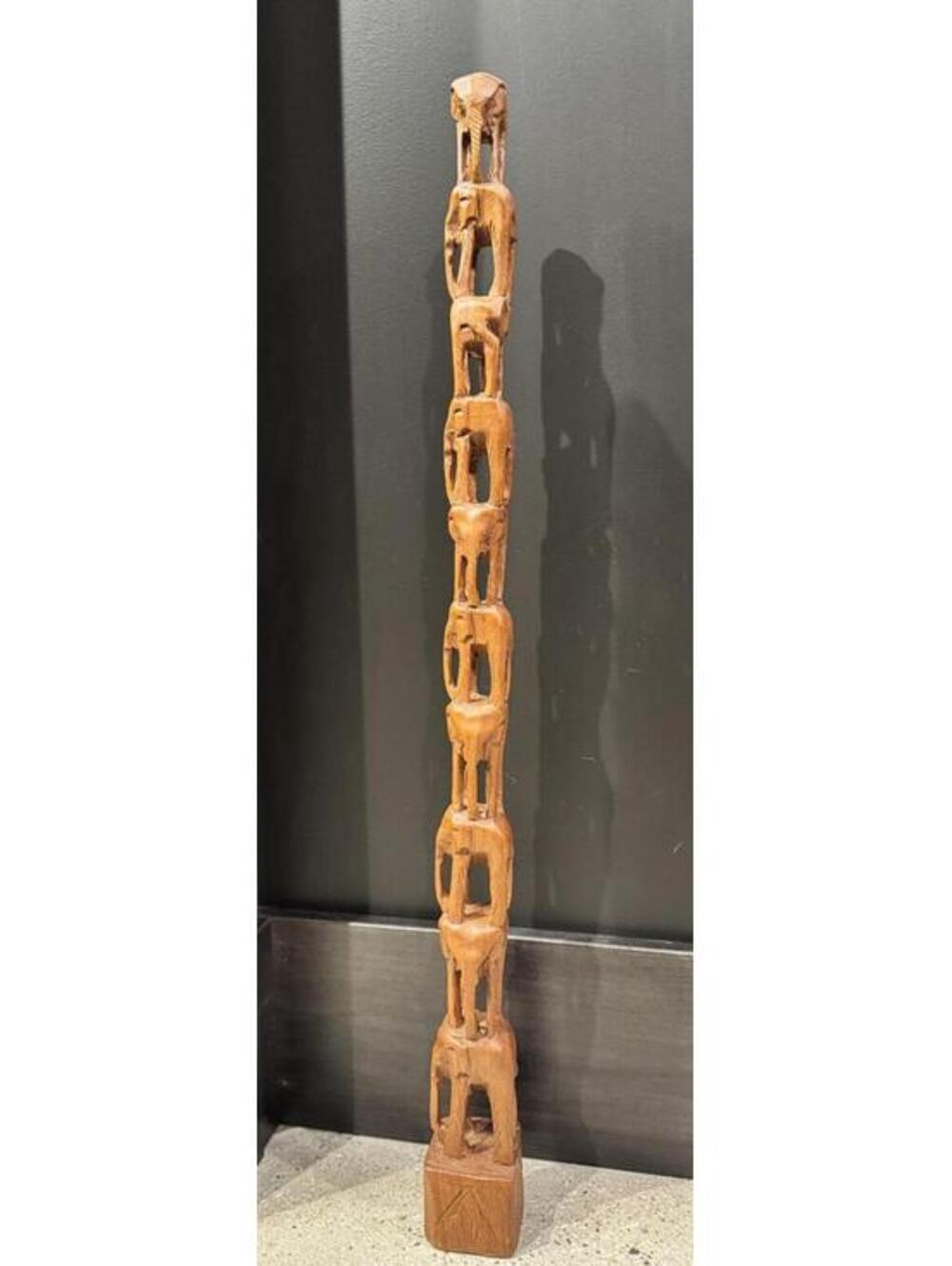 Vintage 32” Hand-Carved Wooden Elephant Totem Tower Sculpture
